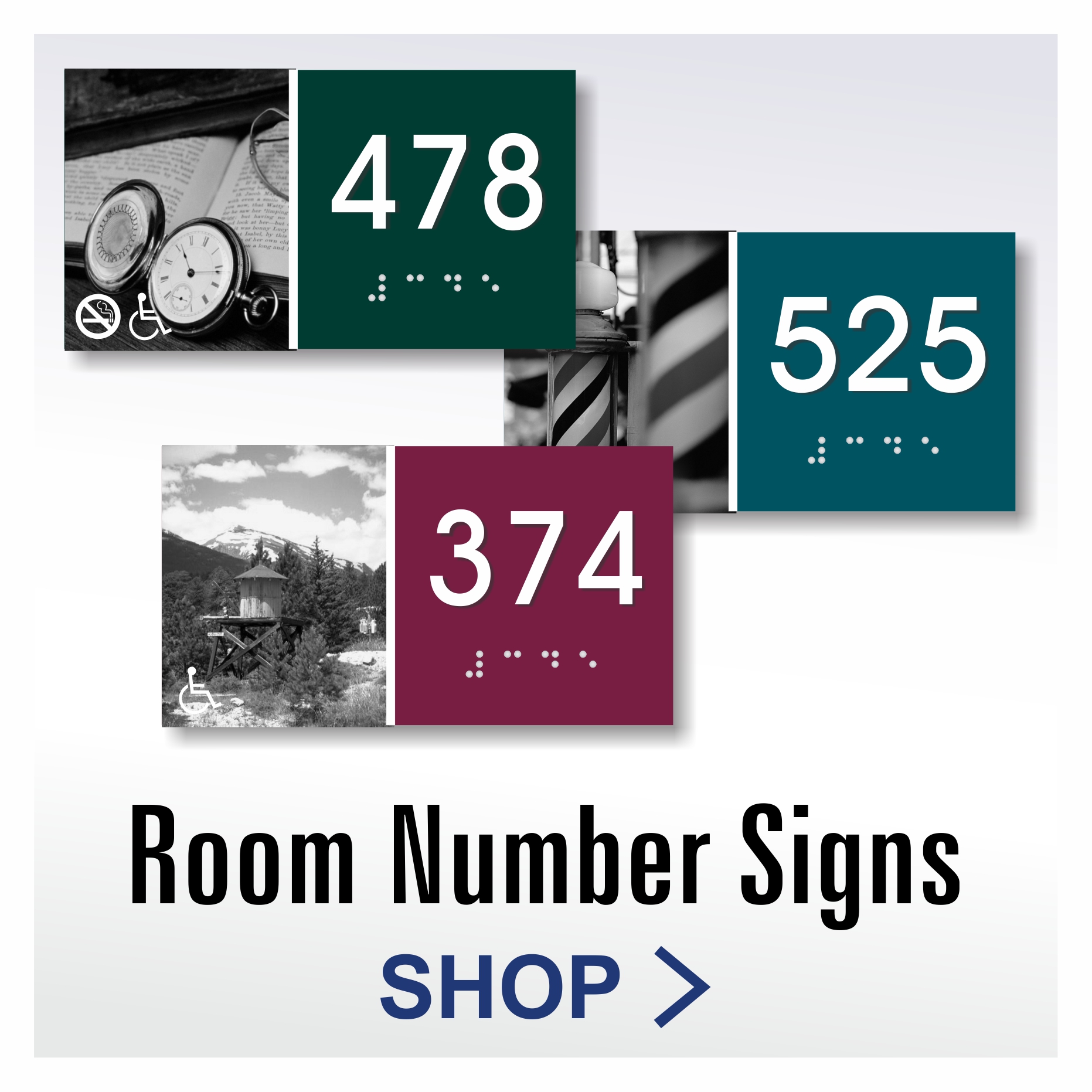 Vintage ADA room number signs with historic photography